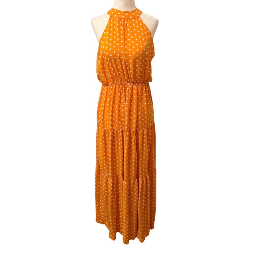 Retro Style Polka Dot Halter Tiered Maxi Dress Orange White Size Medium Summer - Picture 2 of 10
